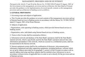 Circular No. 09/2003/TT-NHNN of August 05, 2003, guiding the implementation of several provisions of the Decree No. 55/2001/ND-CP dated 23 August, 2001 of the Government on the management, provision and use of internet