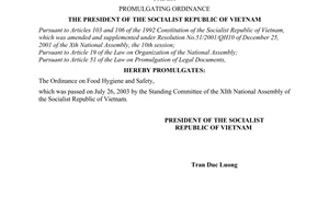 Order No. 20/2003/L-CTN of August 07, 2003, promulgating the Ordinance on Food Hygiene and Safety