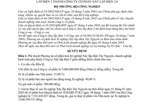 Quyết định 132/2003/QĐ-BCN chuyển Xí nghiệp Xây lắp điện Tây Nguyên thuộc Công ty Xây lắp điện 3 thành Công ty cổ phần Xây lắp điện 3.8