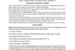 Quyết định 131/2003/QĐ-BCN chuyển Tổng đội Xây lắp điện Pleiku thuộc Công ty Xây lắp điện 3 thành Công ty cổ phần Xây lắp điện 3.7