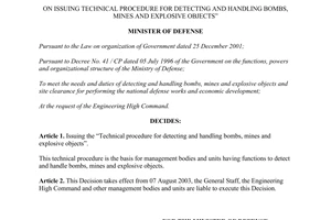 Decision No. 95/2003/QD-BQP technical procedure for detecting and handling bombs mines