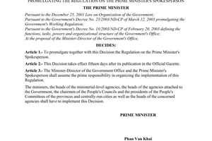 Decision No. 165/2003/QD-TTg of August 08, 2003, promulgating the regulation on the Prime Minister's spokesperson