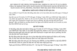 Nghị quyết 62/2003/NQ-HĐND phân cấp nguồn thu chi tỷ lệ phân chia thu ngân sách các cấp Tuyên Quang