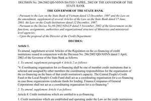 Decision No. 886/2003/QD-NHNN of August 11, 2003, on the amendment, supplement of the regulation on the co-financing of credit institutions issued in conjunction with the Decision No. 286/2002/QD-NHNN dated 3 April, 2002 of the Governor of the State Bank