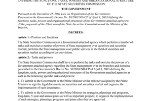 Decree No. 90/2003/ND-CP of August 12, 2003, defining the functions, tasks, powers and organizational structure of the state securities commission