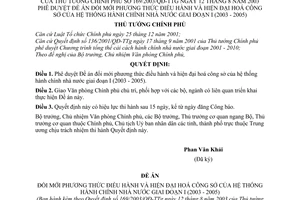 Quyết định 169/2003/QĐ-TTg Đề án đổi mới phương thức điều hành hiện đại hoá công sở của hệ thống hành chính nhà nước giai đoạn I 2003-2005