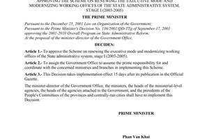 Decision No. 169/2003/QD-TTg of August 12, 2003, approving the scheme on renewing the executive mode and modernizing working offices of the State Administrative System, stage i (2003-2005)