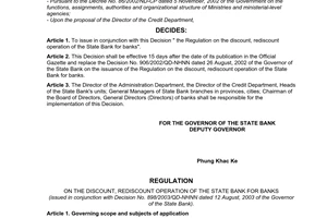 Decision No. 898/2003/QD-NHNN of August 12, 2003, on the issuance of the regulation on the discount, rediscount operation of the State Bank for banks