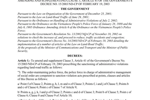 Decree No. 92/2003/ND-CP of August 13, 2003, amending and supplementing clause 3, article 41 of the Government's Decree No. 15/2003/ND-CP of February 19, 2003