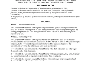 Decree of Government No. 91/2003/ND-CP of August 2003 prescribing the functions, tasks, powers and organizational structure of The Government Committee for Religions