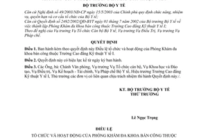 Quyết định 4293/2003/QĐ-BYT Điều lệ tổ chức hoạt động Phòng Khám đa khoa bán công thuộc Trường Cao đẳng Kỹ thuật Y tế I