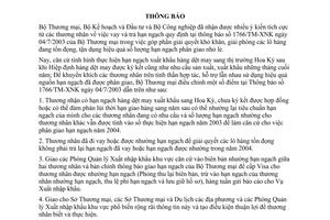 Thông báo 2908/TM-XNK Bộ Thương mại điều chỉnh Thông báo 1766/TM-XNK trả lại hạn ngạch hoặc cho vay
