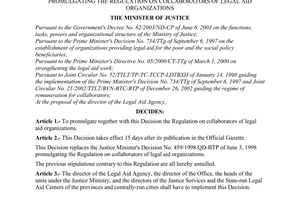 Decision No. 358/2003/QD-BTP of August 15, 2003, promulgating the regulation on collaborators of legal aid organizations