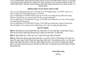 Quyết định 951/2003/QĐ-NHNN thành lập hoạt động Công ty kiều hối thuộc ngân hàng thương mại cổ phần của  Nhà nước và Nhân dân