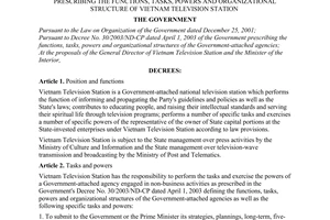 Decree No. 96/2003/ND-CP of August 20, 2003, 	prescribing the functions, tasks, powers and organizational structure of Vietnam television station