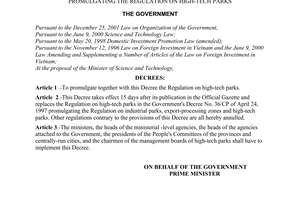 Decree No. 99/2003/ND-CP of August 28, 2003, promulgating the regulation on High-Tech Parks