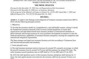 Decision No. 175/2003/QD-TTg of August 29, 2003, approving the strategy on development of Vietnam's insurance market from 2003 to 2010