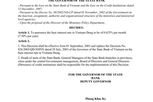 Decision No. 1012/2003/QD-NHNN of August 29, 2003, on the base interest rate in Vietnam dong