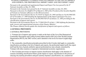 Circular No. 85/2003/TT-BTC of August 29, 2003 guiding commodity classification according to the list of imports and exports, the preferential import tariff and the export tariff