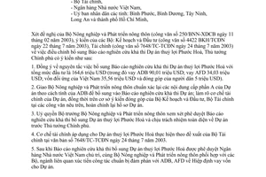 Công văn 1243/CP-QHQT điều chỉnh bổ sung Báo cáo nghiên cứu khả thi Dự án thuỷ lợi Phước Hoà