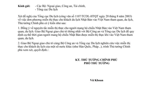 Công văn 1272/CP-KTTH miễn thị thực cho người mang hộ chiếu Nhật Bản vào Việt Nam tham quan, du lịch