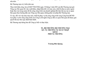 Công văn 3869/TM-XNK tạm xuất, tái nhập khẩu máy móc, thiết bị phục vụ thi công công trình tại Lào