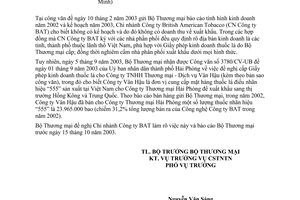 Công văn 4472/TM-CSTNTN xuất khẩu thuốc lá điếu nhãn hiệu "555 sản xuất tại Việt Nam"