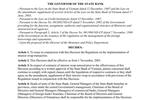 Decision No. 1133/2003/QD-NHNN of September 30, 2003,  on the issuance of the regulation on the implementation of interest swap transaction