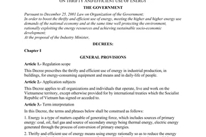 Decree No. 102/2003/ND-CP of September 03, 2003, on thrifty and efficient use of energy