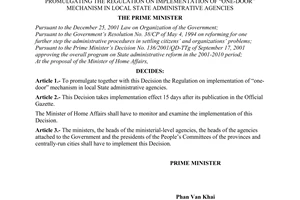 Decree No. 181/2003/QD-TTg of September 4, 2003, promulgating the regulation on implementation of one-door mechanism in local state administrative agencies