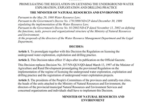 Decision No. 05/2003/QD-BTNMT of September 4, 2003, promulgating the regulation on licensing the underground water exploration, exploitation and drilling practice