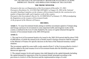 Decision No. 182/2003/QD-TTg of September 05, 2003, on the issuance of Government bonds for investment in some important traffic and irrigation works of the country