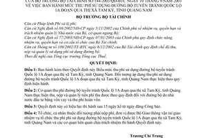 Quyết định 144/2003/QĐ-BTC mức thu phí sử dụng đường bộ tuyến tránh Quốc lộ 1A đoạn qua thị xã Tam Kỳ tỉnh Quảng Nam