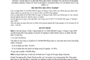 Quyết định 144/2003/QĐ-BCN chuyển Xí nghiệp Cơ điện thuộc Công ty Xây lắp điện 3 thành Công ty cổ phần Xây lắp điện 3.4 sửa đổi QĐ 121/2003/QĐ-BCN