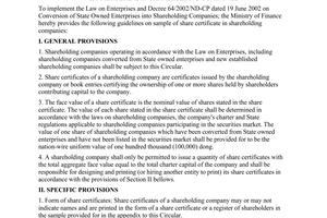 Circular No. 86/2003/TT-BTC of September 11, 2003, providing guidelines on sample of share certificate and register of shareholders in shareholding companies.