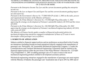 Circular No. 87/2003/TT-BTC of September 15, 2003, guiding a number of financial preferential policies for mechanical-engineering enterprises engaged in manufacture of passenger cars of 25 seats or more