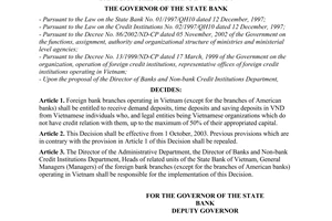 Decision No. 1084/2003/QD-NHNN of September 16, 2003,  on the adjustment of VND deposit mobilization ratio for foreign bank branches operating in Vietnam