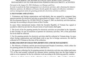 Circular No. 89/2003/TT-BTC of September 17, 2003, prescribing the regime of collection, remittance and use management of fee for granting permits for electricity activities