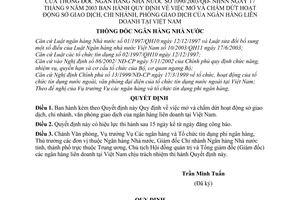 Quyết định 1090/2003/QĐ-NHNN mở chấm dứt hoạt động sở giao dịch, chi nhánh, phòng giao dịch của ngân hàng liên doanh tại Việt Nam