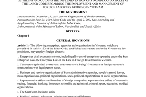 Decree No. 105/2003/ND-CP of September 17, 2003, detailing and guiding the implementation of a number of articles of the labor code regarding the employment and management of foreign laborers working in Vietnam