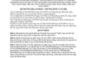 Quyết định 1152/2003/QĐ-BLĐTBXH danh mục nghề, công việc đặc biệt nặng nhọc, độc hại, nguy hiểm