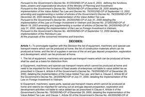 Decision No. 704/2003/QD-BKH of September 18,2003, promulgating the list of equipment, machinery and special-use transport means which can be produced at home; the list of construction materials which can be produced at home; the list of supplies in service of the oil and gas deposit prospection, exploration and development, which can be produced at home