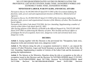 Decision No. 1152/2003/QD-BLDTBXH of Minister of Labour, war invalids