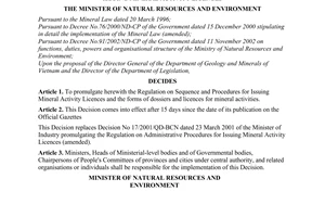 Decision No. 06/2003/QD-BTNMT of September 19, 2003, on promulgating the regulation on sequence and procedures for issuing mineral activity licences.