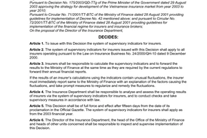 Decision No. 153/2003/QD-BTC of September 22, 2003, promulgating the system of supervisory indicators for insurers.