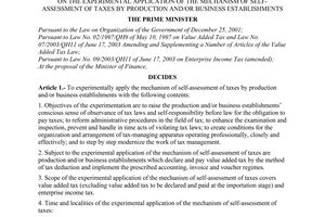 Decision No. 197/2003/QD-TTg of September 23, 2003, on the experimental application of the mechanism of self-assessment of taxes by production and/or business establishments
