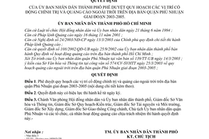 Quyết định 209/2003/QĐ-UB quy hoạch vị trí cổ động chính trị quảng cáo ngoài trời địa bàn quận Phú Nhuận giai đoạn 2003-2005