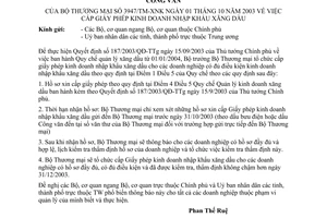 Công văn 3947/TM-XNK cấp giấy phép kinh doanh nhập khẩu xăng dầu