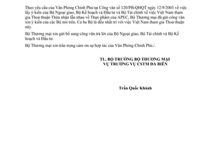 Công văn 4575/TM-ĐB tham gia thoả thuận thừa nhận lẫn nhau về thực phẩm của APEC