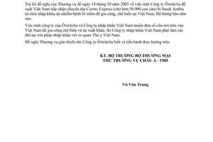 Công văn 4840/TM-CATBD nhập khẩu cừu của Ôxtrâylia